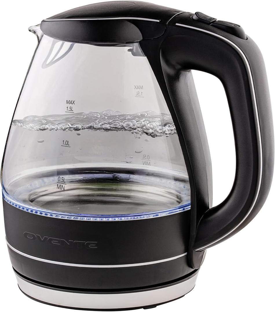 OVENTE Electric Kettle, 1.5L Borosilicate Glass Countertop Water Heater and Boiler for Coffee or Tea, BPA-Free, Auto Shut-Off, Boil-Dry Protection, Removable and Washable Spout Filter, Black KG83B