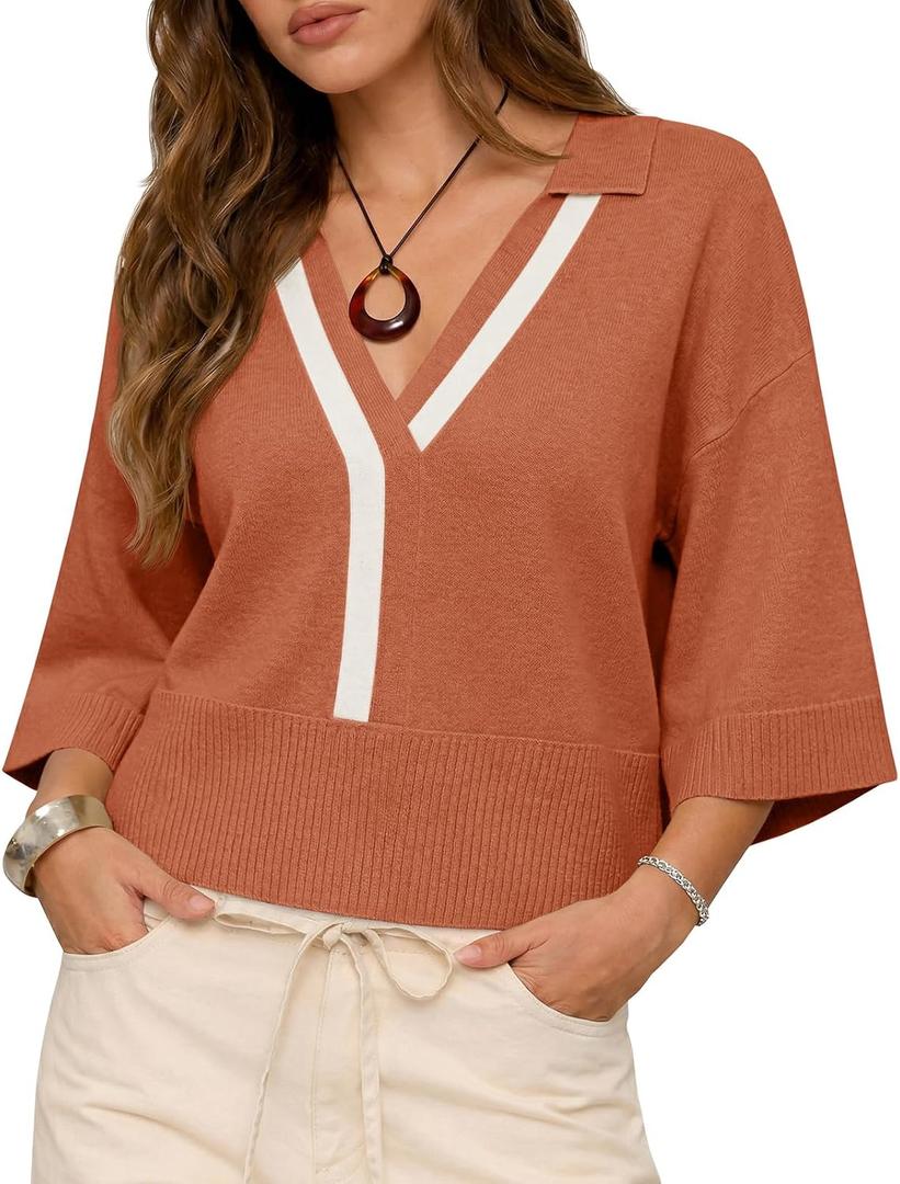 Saodimallsu Womens Short Sleeve Sweater Tops V Neck Collared Oversized Color Block Casual Summer Knit Polo Shirts (M)