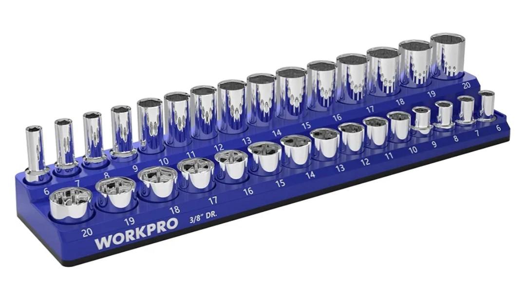 WORKPRO Magnetic Socket Organizer, 3/8-Inch Metric Socket Holder, Socket Trays Holds 30 Pieces Standard Size and Deep Size Sockets(Sockets not Included)