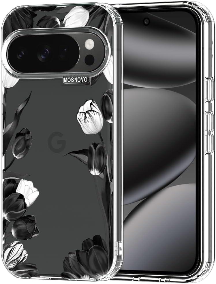 MOSNOVO Case for Google Pixel 10 Pro XL, [Buffertech 6.6ft Military-Grade Drop Protection] [Anti Peel Off Tech] Clear TPU Bumper Phone Case Cover Design - Black White Tulips
