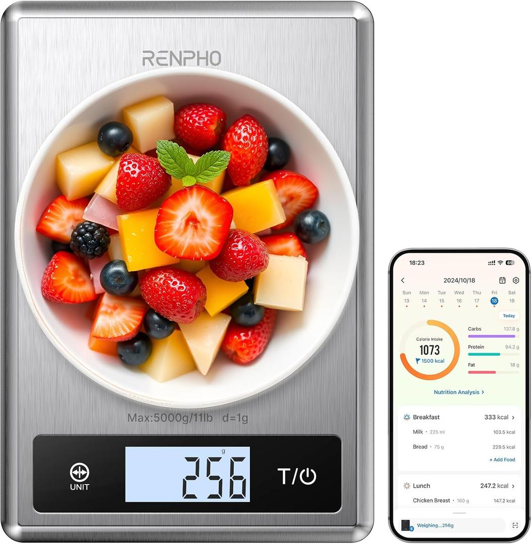 RENPHO Digital Food Scale with Nutritional Calculator, Smart Food Kitchen Scale, Food Weight Scale Grams and Ounces for Weight Loss, Calorie, Macro and Cooking, Stainless Steel