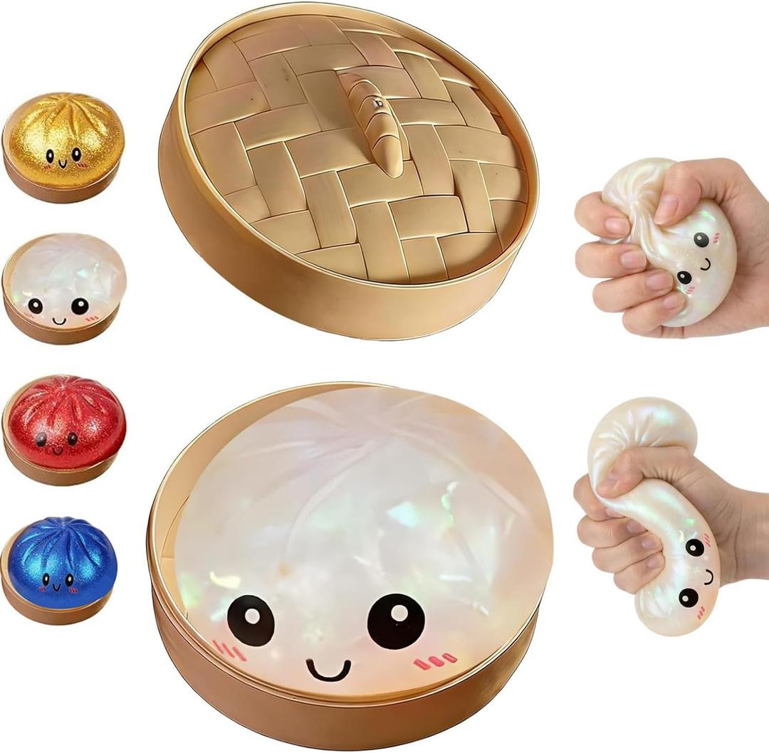 Glitter Dumpling Squishy Box, Dumpling Squishies, Sensory Squeeze Toy for Stress Relief, Soft Decompression Dough for Adults Office and Home Use (Ribbon Emoji bun)