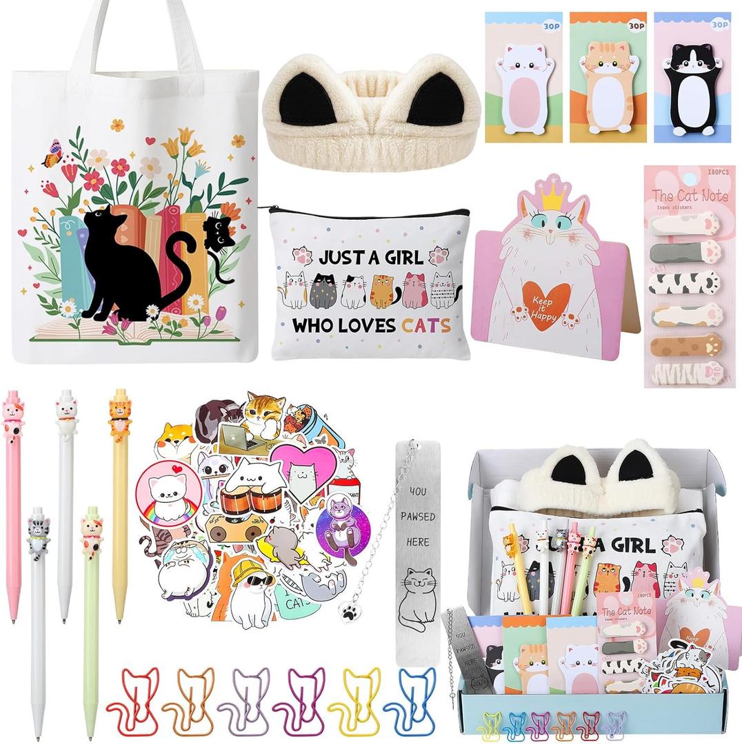 Cat Gifts for Cat Lovers Cat Office Supplies Canvas Tote Bag Spa Headband Cute Sticky Notepad Paper Clips Ballpoint Pen Cartoon Stickers Party Favor for Birthday Christmas Gifts
