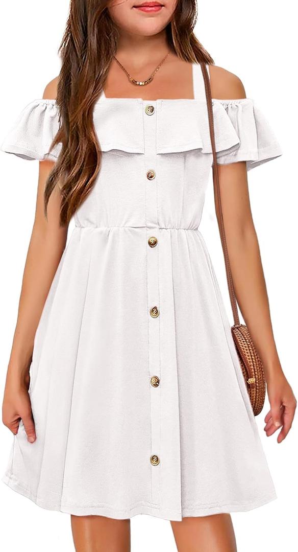 Arshiner Girls Dresses Summer Spaghetti Strap Cold Shoulder Ruffle Button Down A Line Dresses (7-8 Years, White)