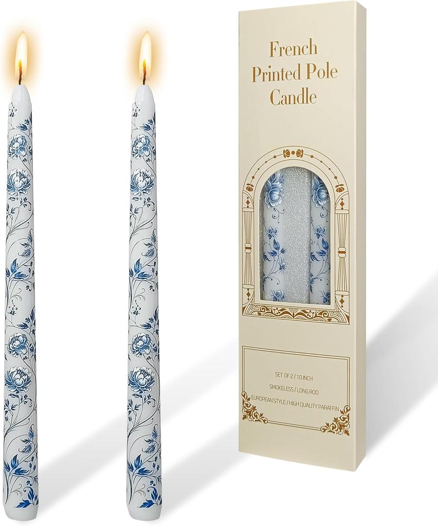 Blue and White Porcelain Taper Candles 10 inch - 2 Pack Peony Pattern Printed Smokeless, Unscented Tall Candlesticks Perfect for Home Decor, Weddings, and Special Occasions
