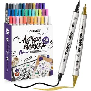 TRANSON 36 Colors Fine and Brush Dual-tip Acrylic Paint Marker Pen Set for Canvas Rock Wood Leather Ceramic DIY Painting