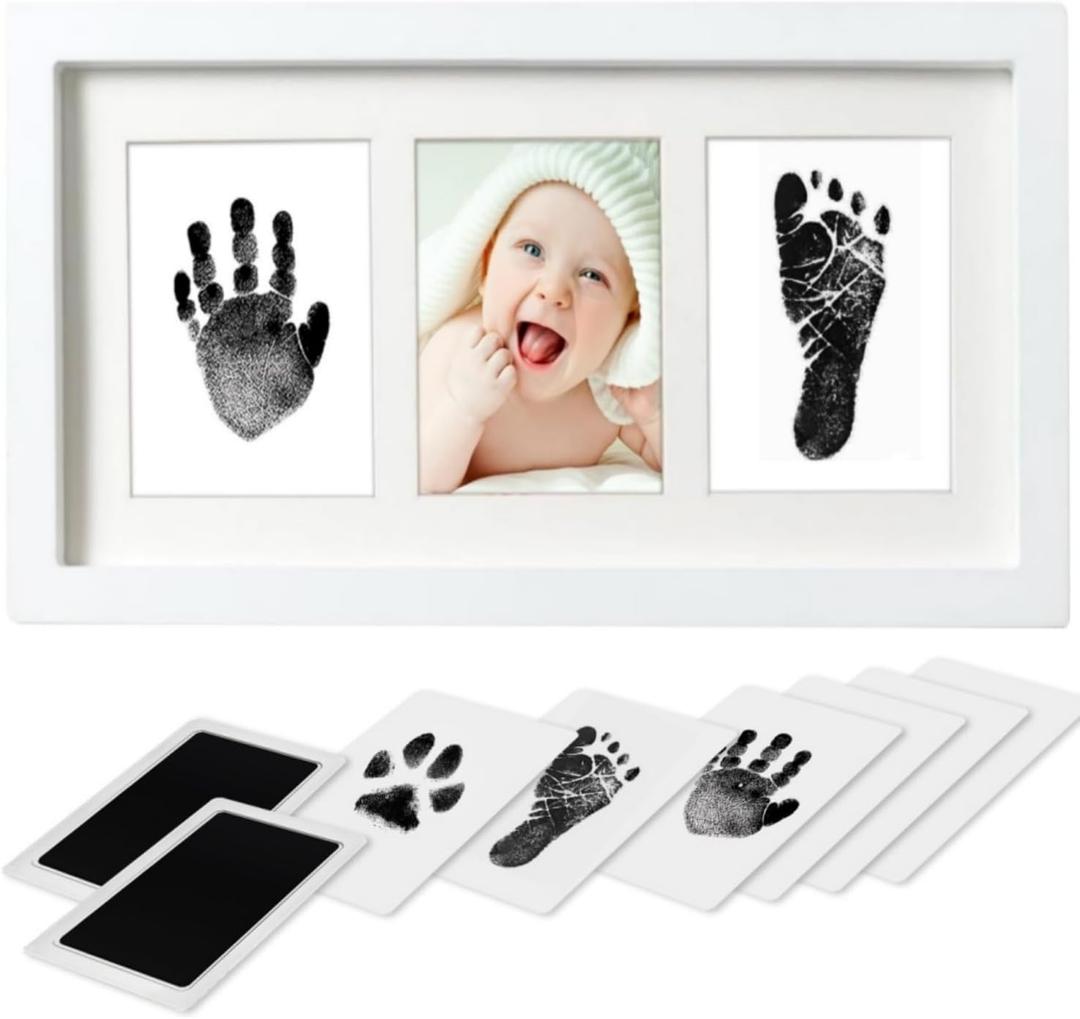 Baby Handprint and Footprint Kit, 10-Year Clean Touch Ink Pad, Skin-Safe Non-Toxic Mess-Free, Newborn 0-6 Months Memory Keepsake Frame,Nursery Decor & Baby Gift (White)