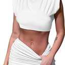 Skirt Sets Women 2 Piece Outfits - Sexy Two Pc Cap Sleeve Tank Crop Top Bodycon Ruched Mini Skirts, White, Large
