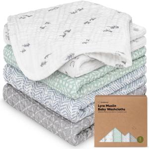 5-Pack Muslin Baby Washcloths for Newborn 12x12" Soft Absorbent Organic Cotton Muslin Wash Cloths for Babies Girl, Boy, Infant, Toddlers, Kids Face Towel, Bath Essentials, Baby Burp Rags (Nordic)