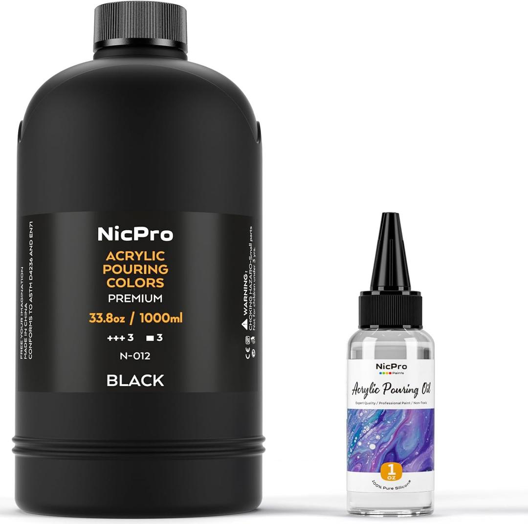Nicpro Jet Black Color Acrylic Pour Paint, 33.8 Ounce Pre-Mixed Pouring Paint Supplies with Silicone Pour Oil & Gloves for Canvas, Rock, Wood Cell Creation Flow DIY Art Painting, Ready to Pour