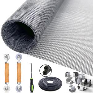 Window Screen Door Repair/Replacement Kit, King&Charles Include Gray Screen Mesh 48"x118"+ 2 Roller+50Ft Spline+8Clips+Hook, 6 in 1 Window Mesh Kit, Steel/Nylon Bearing Roller