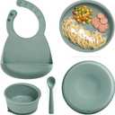 KUB Silicone Baby Feeding Set, Toddler Plates and Bowls Set, Baby Feeding Set with Adjustable Bib Green