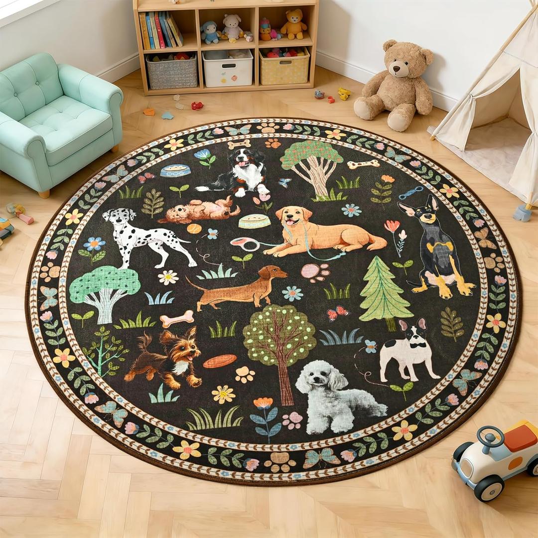 ST. BRIDGE 4ft Brown Round Area Rug, Washable Boho Animal Dog Non-Slip Circle Rug, Soft Thin Stain-Resistant Low-Pile Carpet for Entryway Kitchen Living Room Bedroom Nursery Kids Playroom