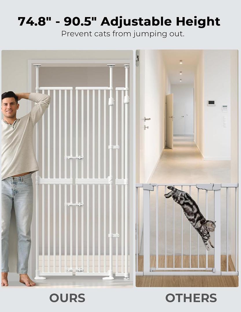 Extra Tall Cat Gate for Doorway: 74.8"-90.5" Tall Cat Gates for Pet 30.3"-38.2" Wide Pressure Mount No Wall Drilling for Indoor Stairs Doorway Room Door Dog Safety Barrier No Toddler