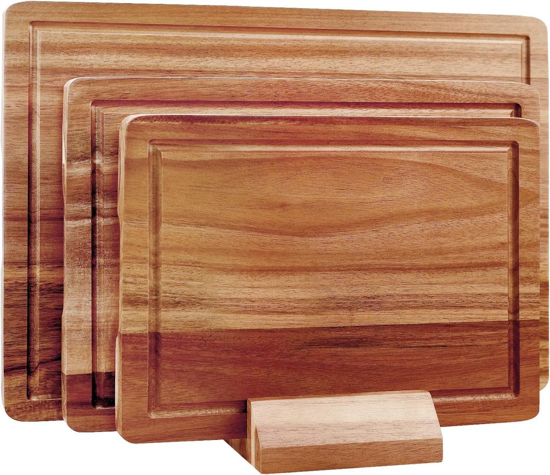 3 Pcs Acacia Wood Cutting Board Set with Holder Stand Meat Chopping Board Set Large Charcuterie Boards Solid Wooden Cutting Boards for Kitchen Decor Carving Butcher Block Bread Serving Cheese Board