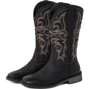 SheSole Wide Calf Cowboy Boots Women Square Toe Western Embroidered Mid Calf Cowgirl Boots, Pull On & Padded Insole Low Heel Fashion Boots for Country Concerts & Work Casual Everyday Style Size 42 (Black)