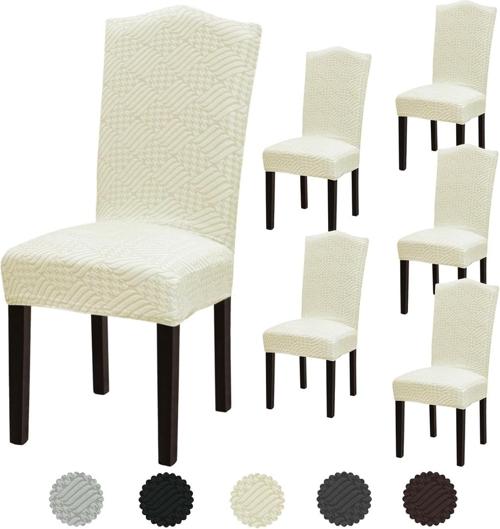 Stretch Dining Room Chair Covers Set of 6, Removable Washable Dining Chair Slipcovers for Dining Chairs, Dining Room, Hotel, Ceremony (XLarge-6 Pcs, Beige-jacquard)