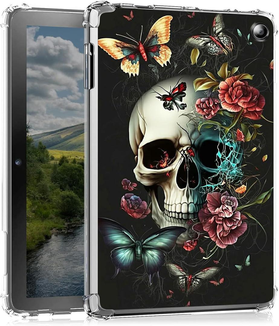 Butterfly Skull Flower Clear Tablet Case for 10.1" Amazon Fire HD 10 Tablet (13th Generation, 2023 Release),Transparent Slim TPU Back Shockproof Shell Cover for Fire HD 10 Tablet (Fire HD10 2023)