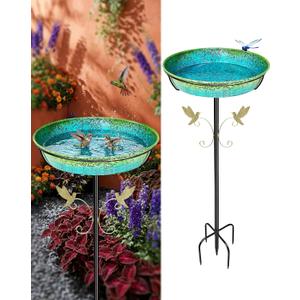 35" Metal Bird Bath for Outside Standing Metal Bird Bath Stake in Ground Iridescent Blue Green Birdbath with Scientifically Designed Color Lure for Birds 12" Detachable Bowl for Garden Patio Yard
