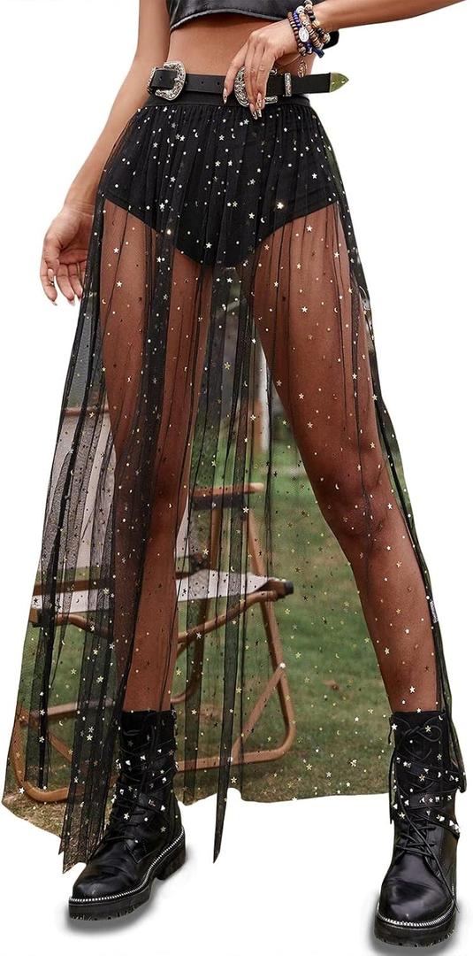 Rave Outfits for Women 2 in 1 Sheer Skirt Festival Clubwear Mesh High Waist Print A Line Maxi Skirt