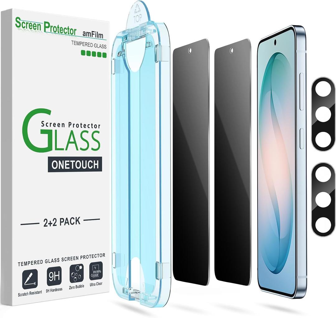 AmFilm Auto-Alignment OneTouch for Samsung Galaxy S26 6.3'' Privacy Screen Protector + Camera Lens Protector, Tempered Glass, 30 Seconds Installation, Bubble Free, Privacy Protection 2+2 Pack