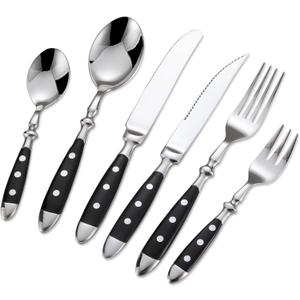 24-Piece 18/0 Stainless Steel Silverware set,Vintage Flatware set with Bakelite Handle,service for 4,Cutlery set (Black)