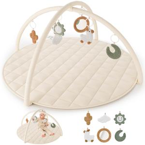 Beautiful Baby Play Gym and Tummy Time Mat - Soft Cotton Mat with 6 Cute Toys Creates The Perfect Activity Area for Your Girl/Boy - Stylish Infant Floor Playmat Fits Nicely with Any Playroom Decor (Beige)