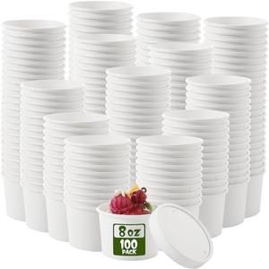Fulmoon 100 Pack Paper Soup Containers with Lids Disposable Paper Food Containers with Vented Lids Kraft Ice Cream Bowls Soup Cup Ice Cream Cups for Restaurants(8 oz,White)