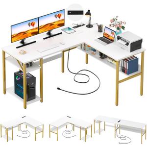 Unikito Reversible L Shaped Desk with Magic Power Outlets and USB Charging Ports, Sturdy Corner Computer Desk with Storage Shelves, Gaming Table Home Office Desk, Easy to Assemble, White and Gold