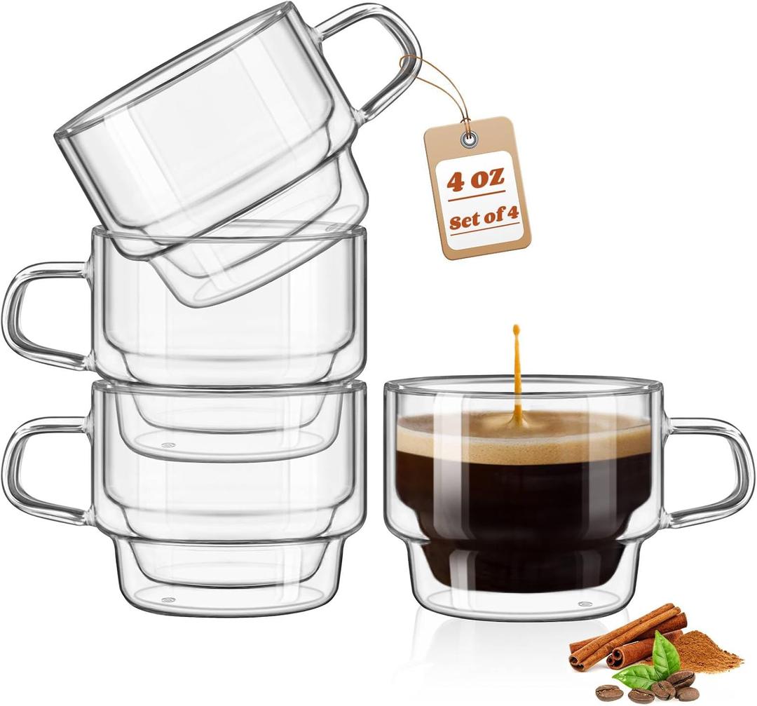 glastal 4 oz Stackable Glass Cups Espresso Cups Double Walled Espresso Glasses Set of 4, 120ml Coffee Tea Glasses Expresso Shots Cup Set for Tea, Milk, Gifts for Women Man - German Quality