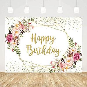 ABLIN 7x5ft Happy Birthday Backdrop for Women Wreath Background Party Decorations for Girl Gold Ring Colorful Flowers Photo Booth Props Cake Table Decor Vinyl
