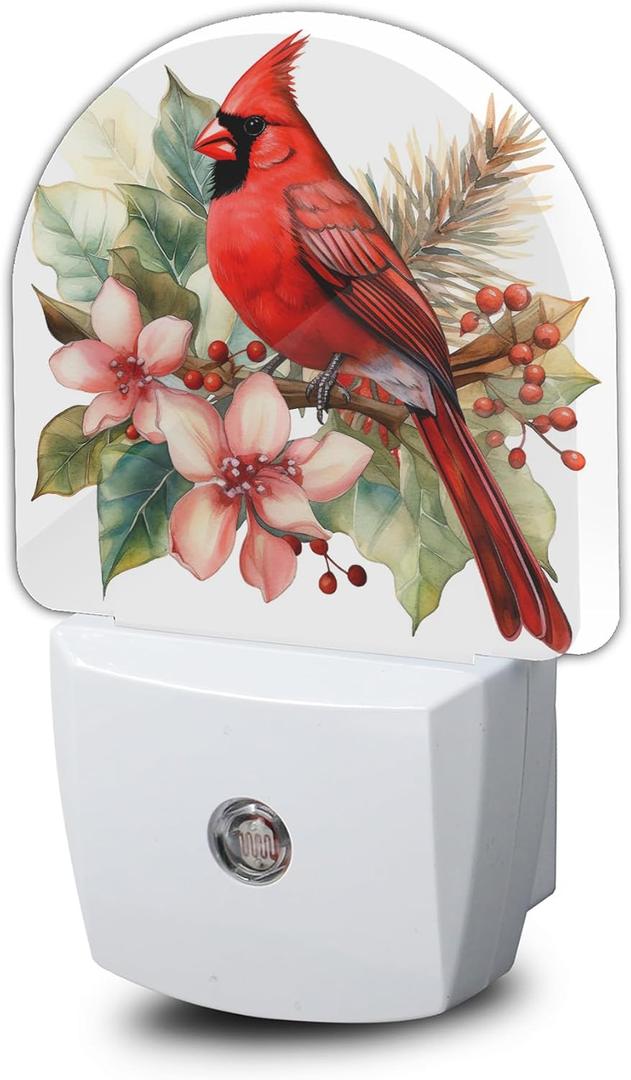 Night Light,Red Cardinal Bird Flowers Night Lights Plug Into Wall for Bedroom Bathroom Kitchen Hallway Stairs Hallway, Plug-in, Energy Efficient Decor Desk Lamp Gifts