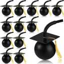 Gerrii 12 Set Graduation Party Cups Plastic Graduation Cap Cup with Tassel,10 oz Congrats Grad Tumbler with Straw and Lid, Reusable Grad Party Supplies Favors(Black)