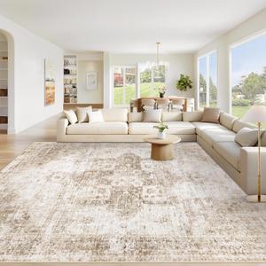 Area Rug 8x10 Washable Rug, Vintage Boho Medallion Rugs Non-Slip Soft Low Pile Large Distressed Rug Indoor Retro Carpet for Living Room Bedroom Dining Room Home Office (Brown)