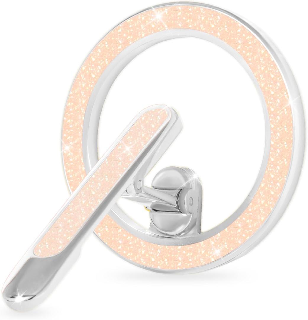 Magnetic Phone Ring Holder with Adjustable Kickstand, Compatible with iPhone 15/14/13/12, Brooch Design with Glitter Surface, Includes Adapter Ring (Metallic Silver & Sparkling Beige)