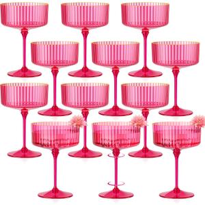 12 PCS Ribbed Coupe Glasses Hot Pink Plastic Champagne Coupe Cup 10oz Detachable Gold Rim Espresso Martini Glass Vintage Margarita Glassware Cocktail Glass Set for Valentine's Day Bachelorette Party