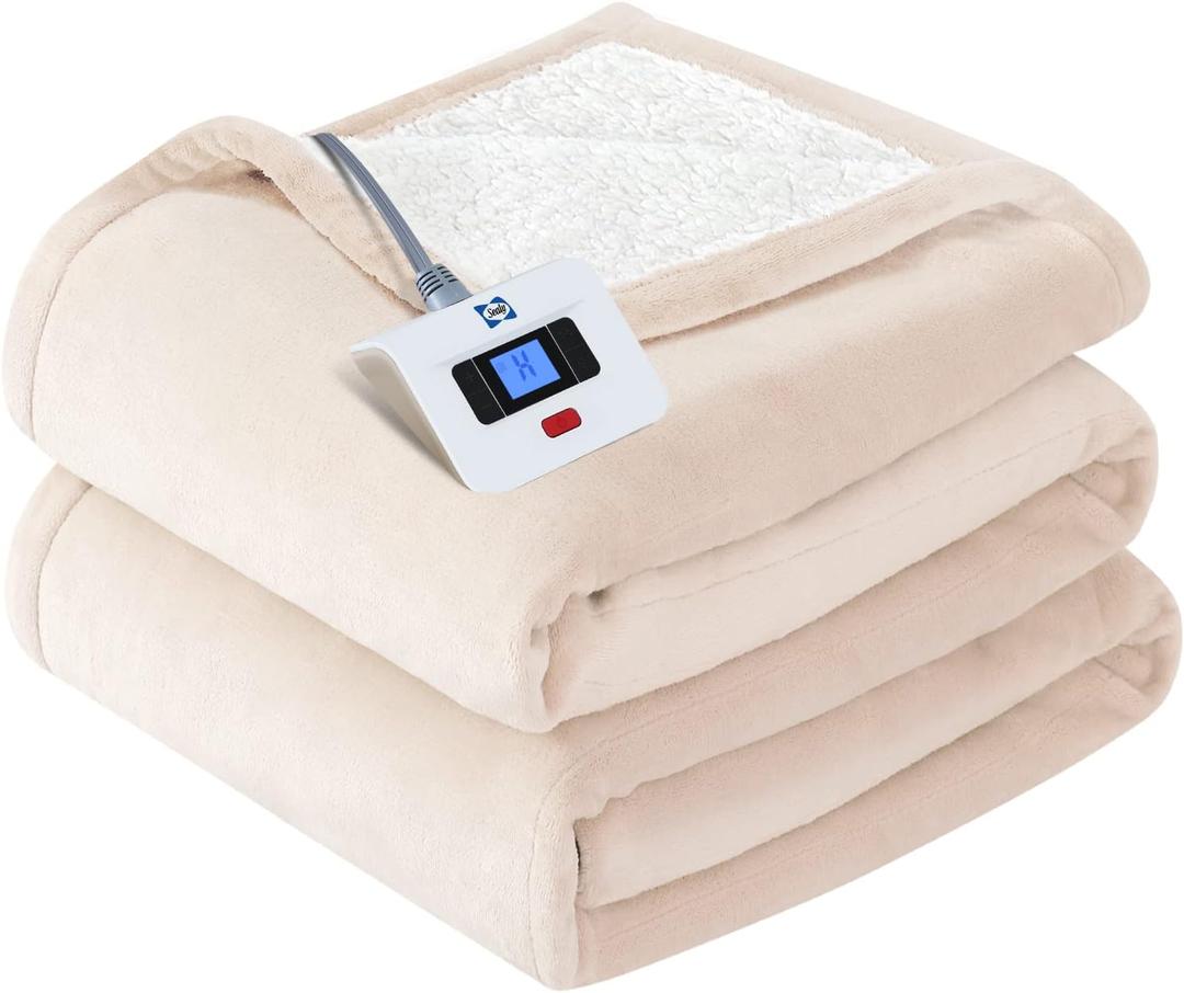 Sealy Electric Blanket Twin Size, Flannel & Sherpa Heated Blanket with 10 Heating Levels & 1-12 Hours Auto Off, Machine Washable, Beige, 62x 84 Inch (Twin Size 62" x 84")