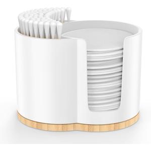 Cotton Pad and Swab Holder, Q tip Holder Round Cotton Pad Dispenser Plastic Cotton Swabs Dispenser, Bathroom Accessories Storage Organizer for Cotton Pads Floss Picks, White