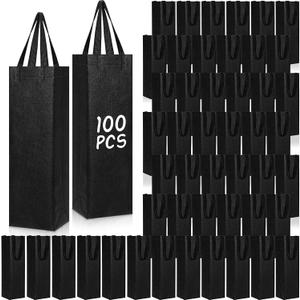 Windyun 100 Pcs Wine Gift Bags with Handle Reusable Small 13.8x3.5x3.9 Inches Liquor Bottle Totes Bulk for Birthday Wedding Christmas Holiday Party (Black)