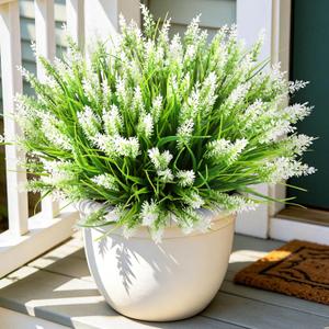Fake Plants for Outdoors, 16 Bundles UV Resistant Artificial White Monkey Grass, Realistic Faux Greenery for Outdoor Patio Porch Farmhouse Planters, Indoor Home Decor
