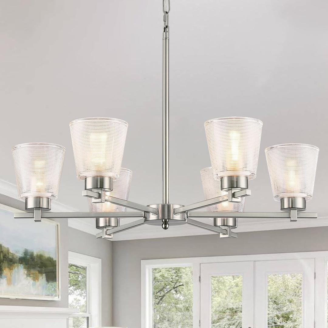 28" Brushed Nickel Chandeliers 6-Light Dining Room Lights Silver Modern Farmhouse Pendant Lighting Over Table Hanging Ceiling Light Fixtures with Crystal Glass Shades for Kitchen Island, Living Room