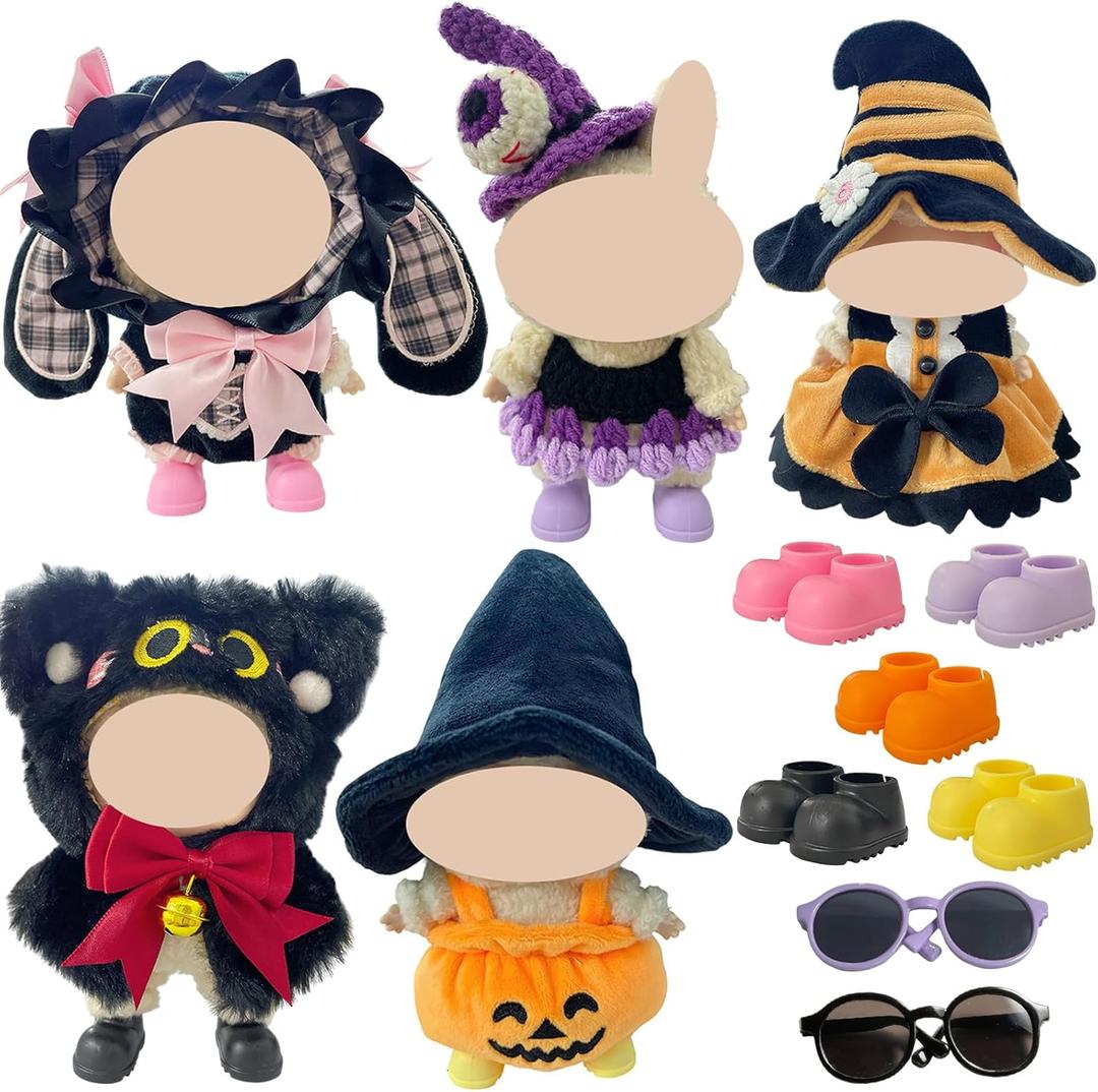 5 Sets Magical Fantasy Dress-Up Clothes for 17cm Dolls, Pumpkin, Witch, Bunny, Cat & Fantasy Outfits, 6.7-Inch Plush Doll Accessories with Shoes and Glasses, Kawaii Idea (No Dolls)