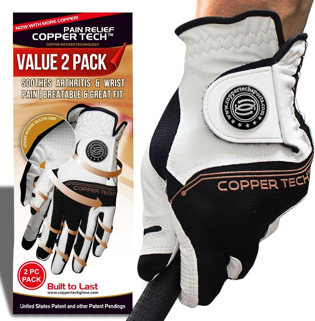 Copper Tech Golf Gloves Men Right Handed Golfer Or Left Handed Golfer (2 Pack) | Copper Compression Joint Support with Flexible & Comfortable Fit | AAA Leather Construction & Tacky Silicone Pad (Small, White/Black)