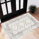 Area Rug 2x3 Washable Rug Door Mat Vintage Distressed Doormat Indoor Entrance Traditional Thin Floral Print Non Slip Carpet for Kitchen Bathroom Bedroom Living Room (Blue and Gray)