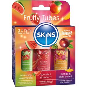 SKINS Flavored Lube Set - 3 Flavored Water Based Lubes - Fruity Edible Lubricant & Licks - Watermelon, Strawberry and Mango & Passionfruit Flavored Lube for Oral Pleasure & Intercourse