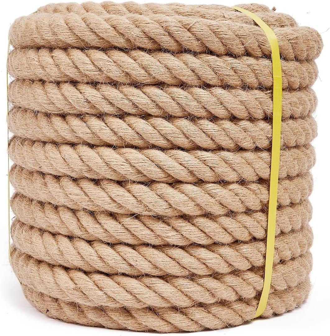 Jute Rope 1-1/2 Inch 50 Feet, Heavy Duty Rope Thick Twisted, Natural Hemp Rope for Crafts, Gardening, Bundling, Climbing, Hammock, Nautical, Tug of War, Railings, Home Decorating