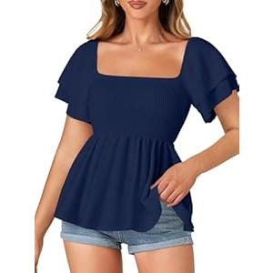 LYANER Women’s Square Neck Smocked Peplum Top Ruffle Short Sleeve Babydoll Shirred Blouse Navy Blue Small LYANER Women’s Square Neck Smocked Peplum Top Ruffle Short Sleeve Babydoll Shirred Blouse Navy Blue Small
