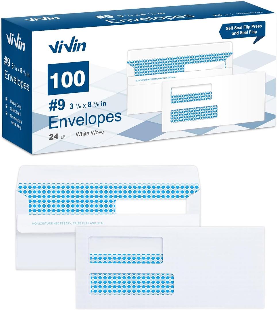 Vivin 100 No.9 Double Window Business Envelopes for Quickbooks Invoices and Business Statements, Flip and Seal Security-Tinted, Home & Office, 3-7/8 x 8-7/8 Inches, 24 LB, White