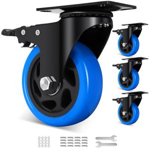 4 Inch Swivel Casters Set of 4, 1800 Lbs Heavy Duty Caster Wheels, Dual-Locking Castors with Brake, No Noise Top Plate Wheels for Furniture, Workbench and Carts (Free Hardware Kits)