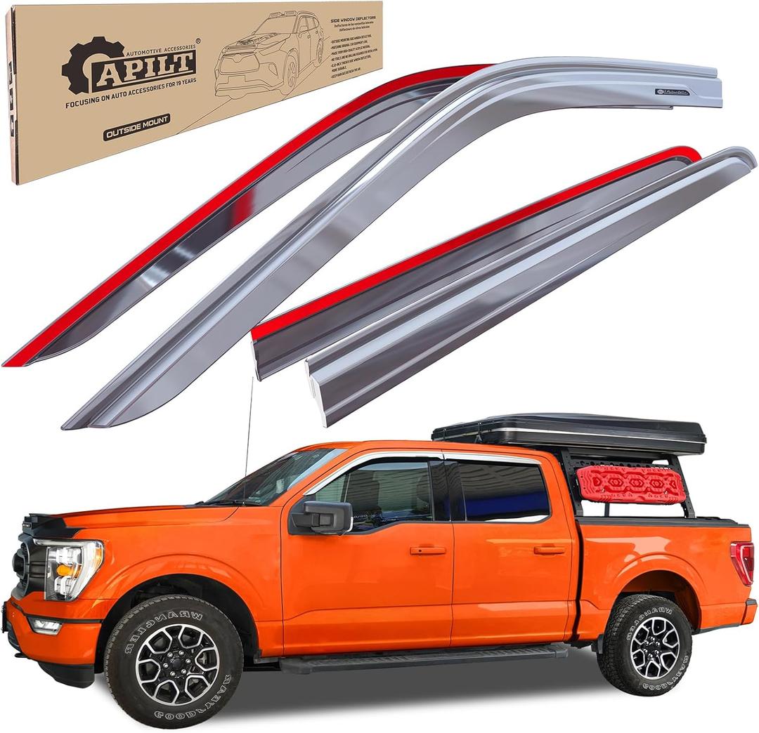 Matte Chrome Rain Guards Window Visors for 2015-2024 Ford F-150 SuperCrew & 2017-2024 Raptor/F250-F550 Super Duty SuperCrew Wind Deflector Car Accessories Outside-Mount 4pcs with Thicker (Matte Chrome2015-2024 Ford F-150 SuperCrew)